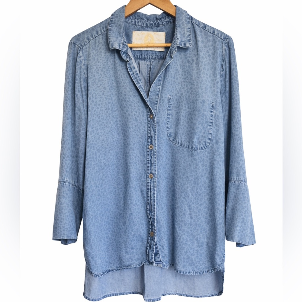 Bella Dahl Blue Leopard Tencel Hi-Low Button Down Shirt Size L